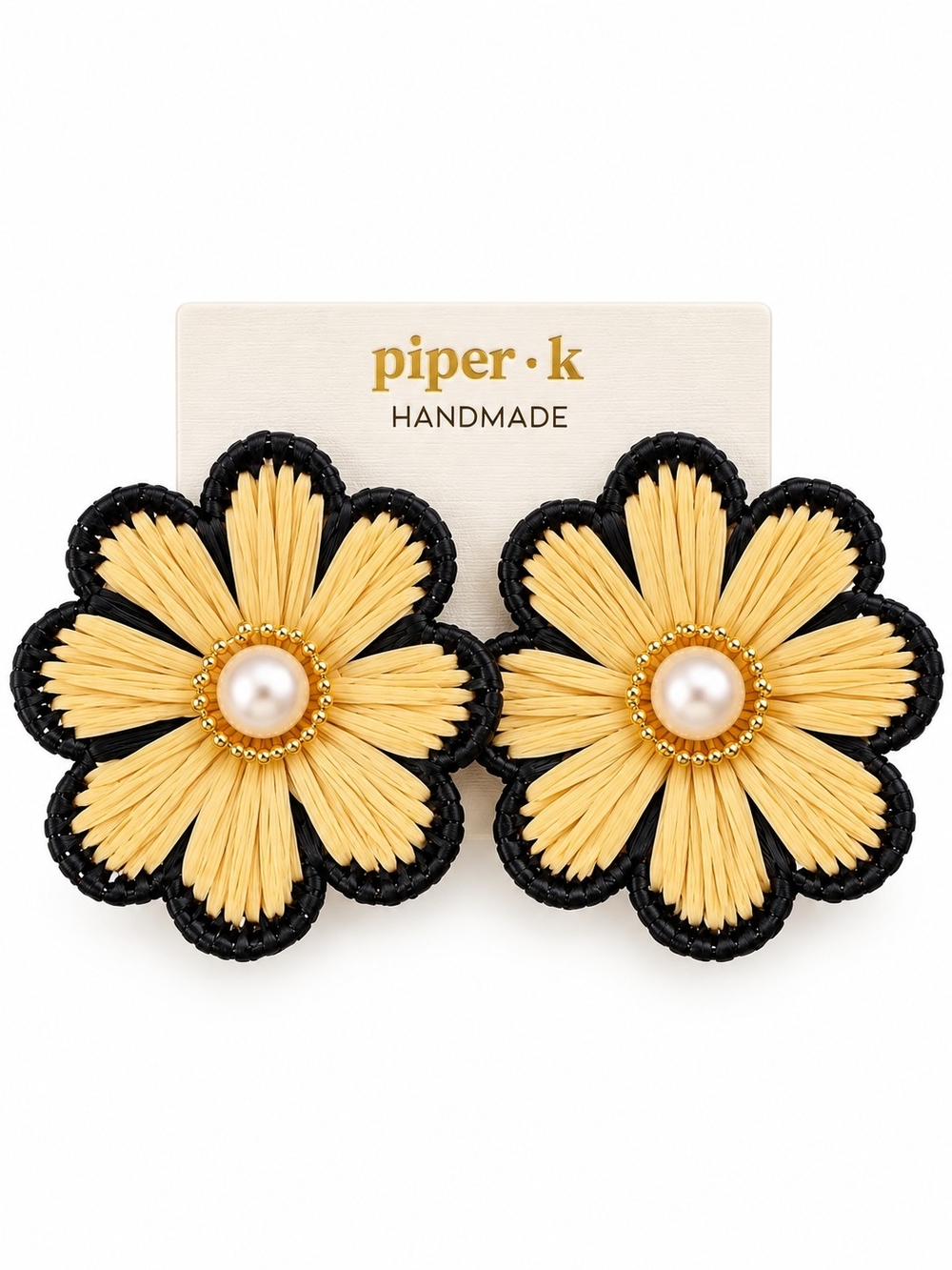 Piper K Raffia Flower Statement Earrings Pearl Black & Natural